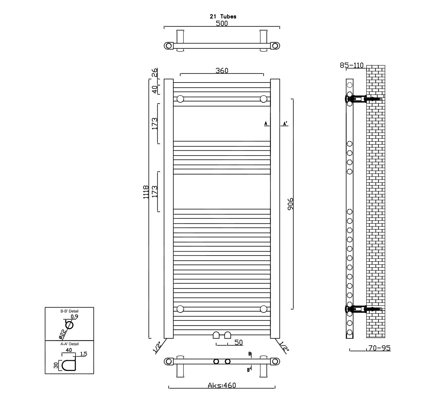 Sapho Alya - Scaldasalviette 500x1118 Mm, 305 W, Cromo 1145-05 - immagine 2