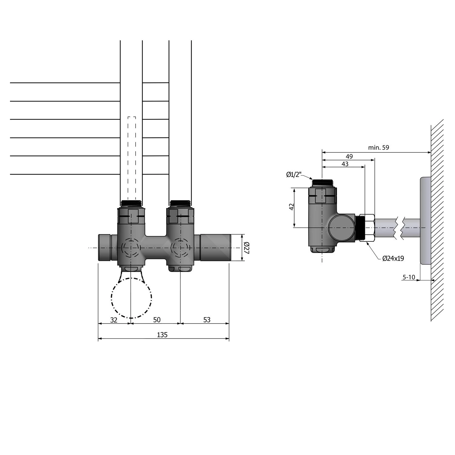 Sapho Twin Combi - Set Di Valvole Di Connessione Per Attacco Centrale, Dx, Interasse 50 Mm, Nero Opaco CP461BS - immagine 2